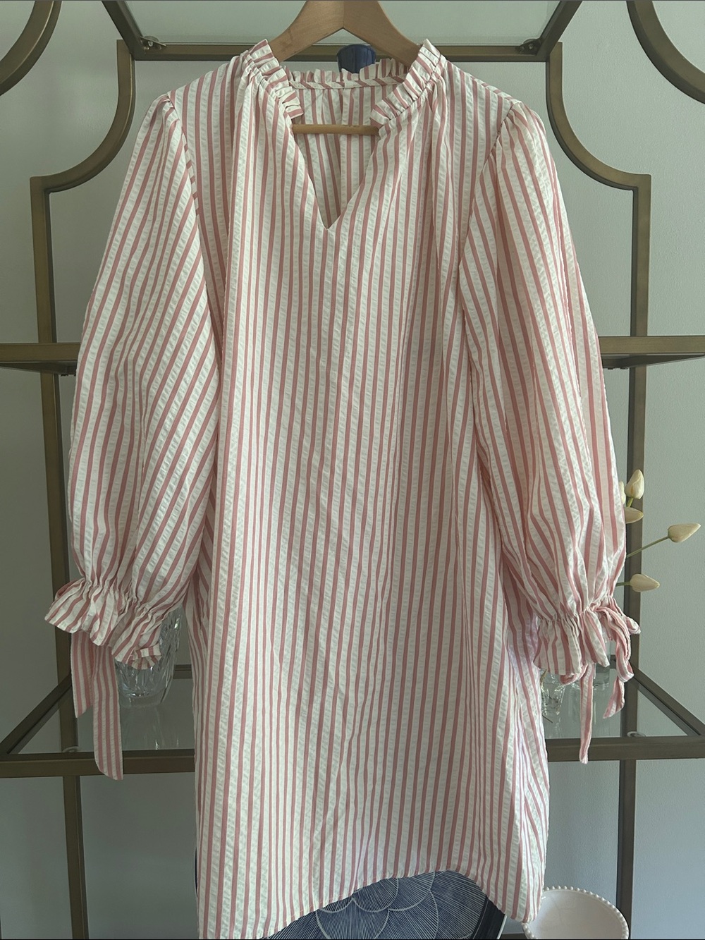 Striped Pink and White Ruffle Neck Blouse